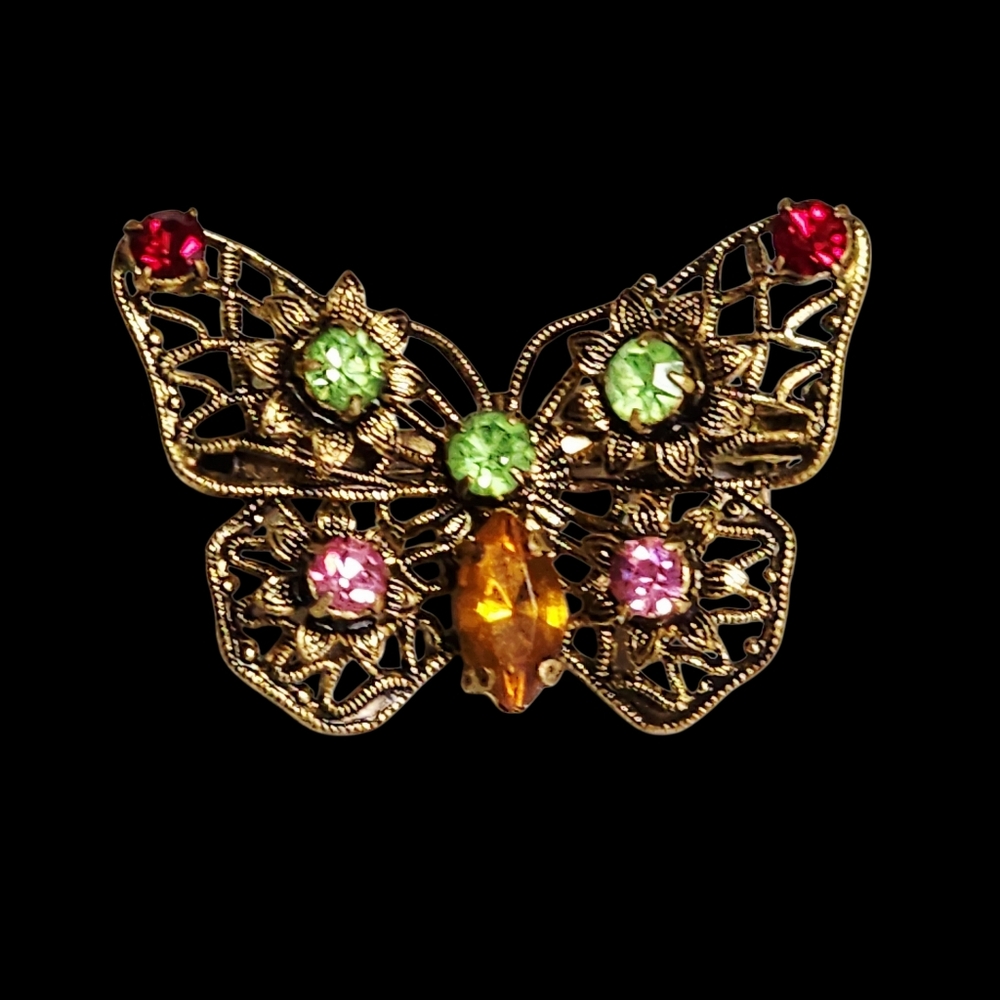 Filigree Butterfly Brooch Vintage Openwork Multiple Colors Rhinestone - Picture 2 of 9